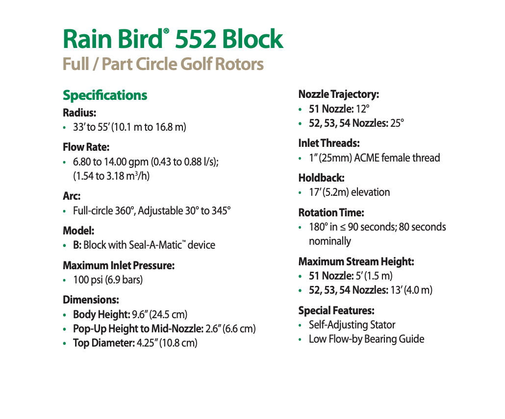 Rain Bird 552 Series Rotor 9.8m - 16.8m